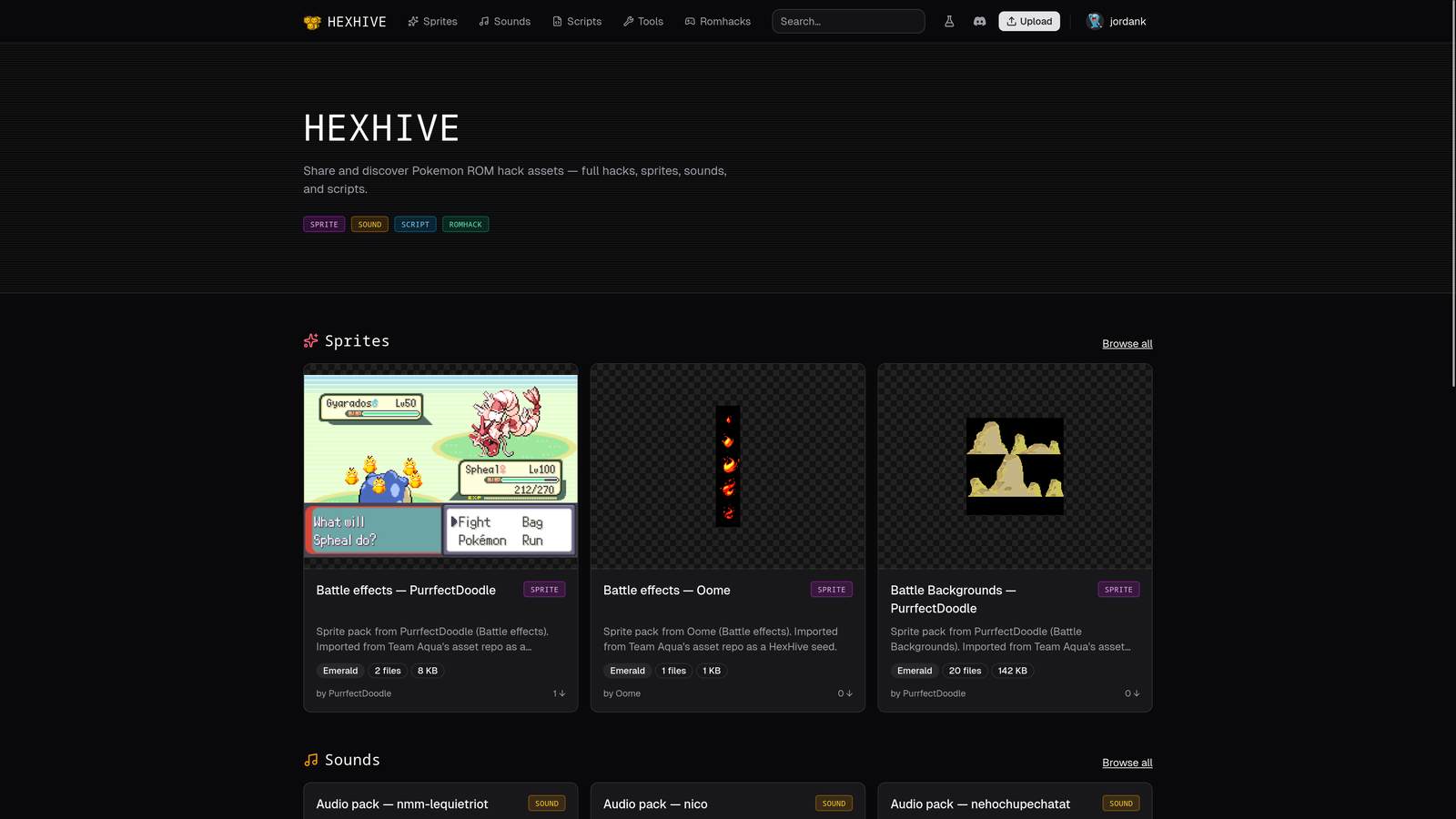 HexHive - Pokémon ROM-hack asset hub homepage showing sprites and sounds listings